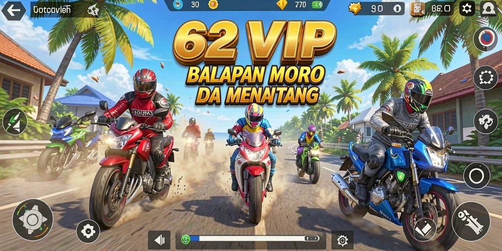 Gameplay 62VIP yang mendebarkan dengan balapan motor yang seru.
