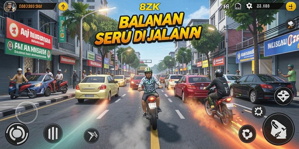 Gameplay balapan seru dalam 8ZK dengan mobil cepat dan trek menantang.