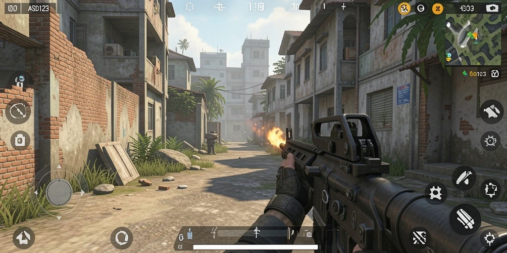 Tampilan gameplay menegangkan dari ASD123 dalam aksi FPS.