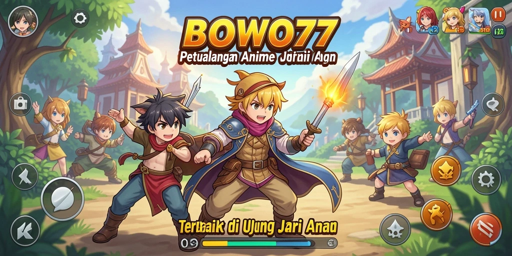 Tampilan gameplay menyenangkan dari BOWO77 yang menggambarkan dunia anime.