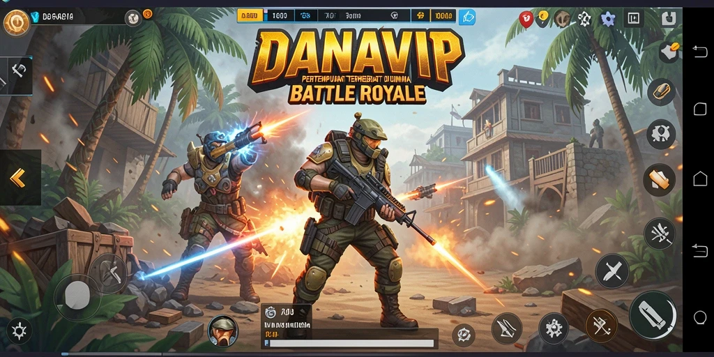 Tangkapan layar utama DANAVIP menampilkan aksi pertempuran sengit di arena Battle Royale.