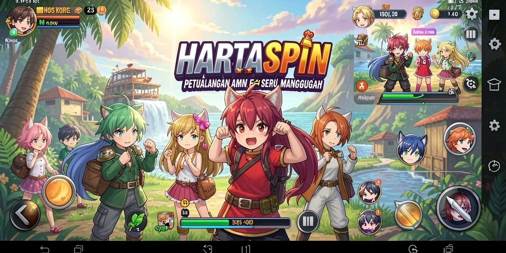 Tangkapan layar utama HARTASPIN dengan aksi penuh warna dari gameplay Anime.