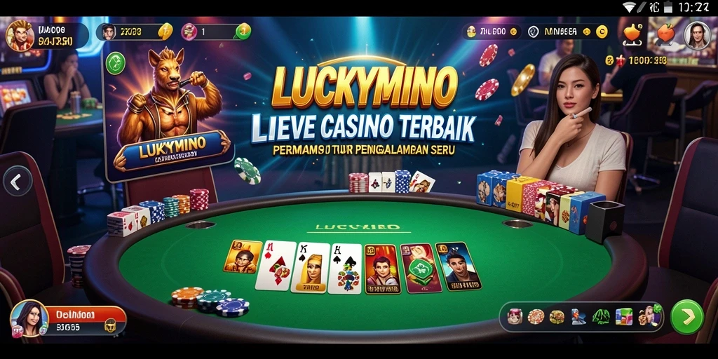 Screenshot gameplay LUCKYMINO yang menampilkan dealer langsung dan suasana kasino.