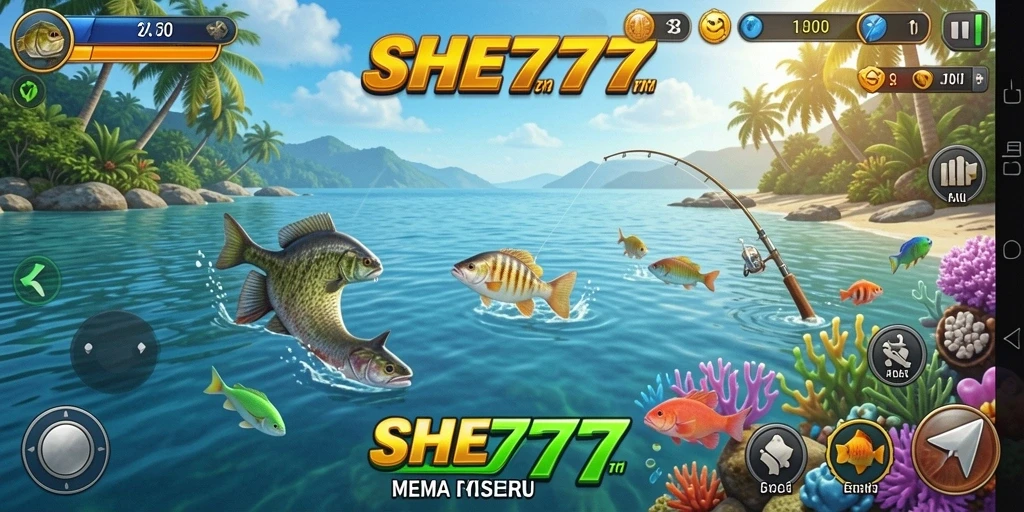 Tampilan gameplay SHE777 dengan pemandangan laut yang menakjubkan dan ikan yang beragam.