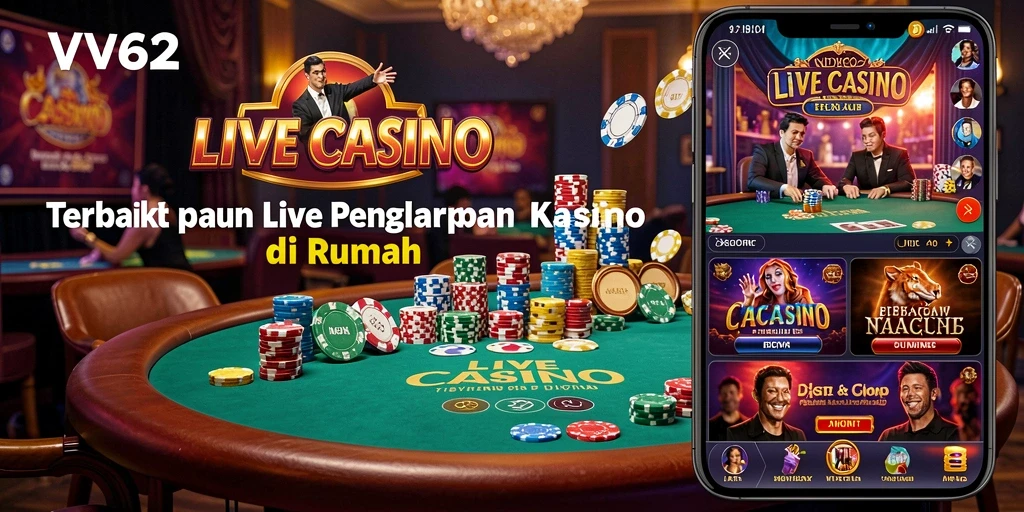Screenshot gameplay VV62 dengan dealer langsung dan suasana kasino yang mengesankan.