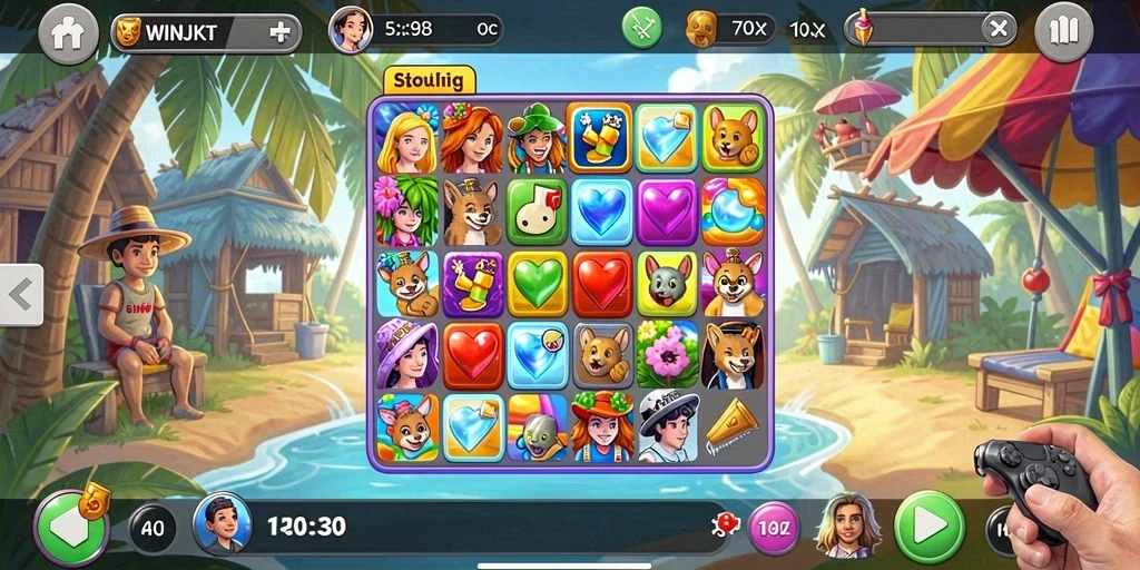 Screenshot gameplay WINJKT dengan objek warna-warni dalam pertandingan Match-3.